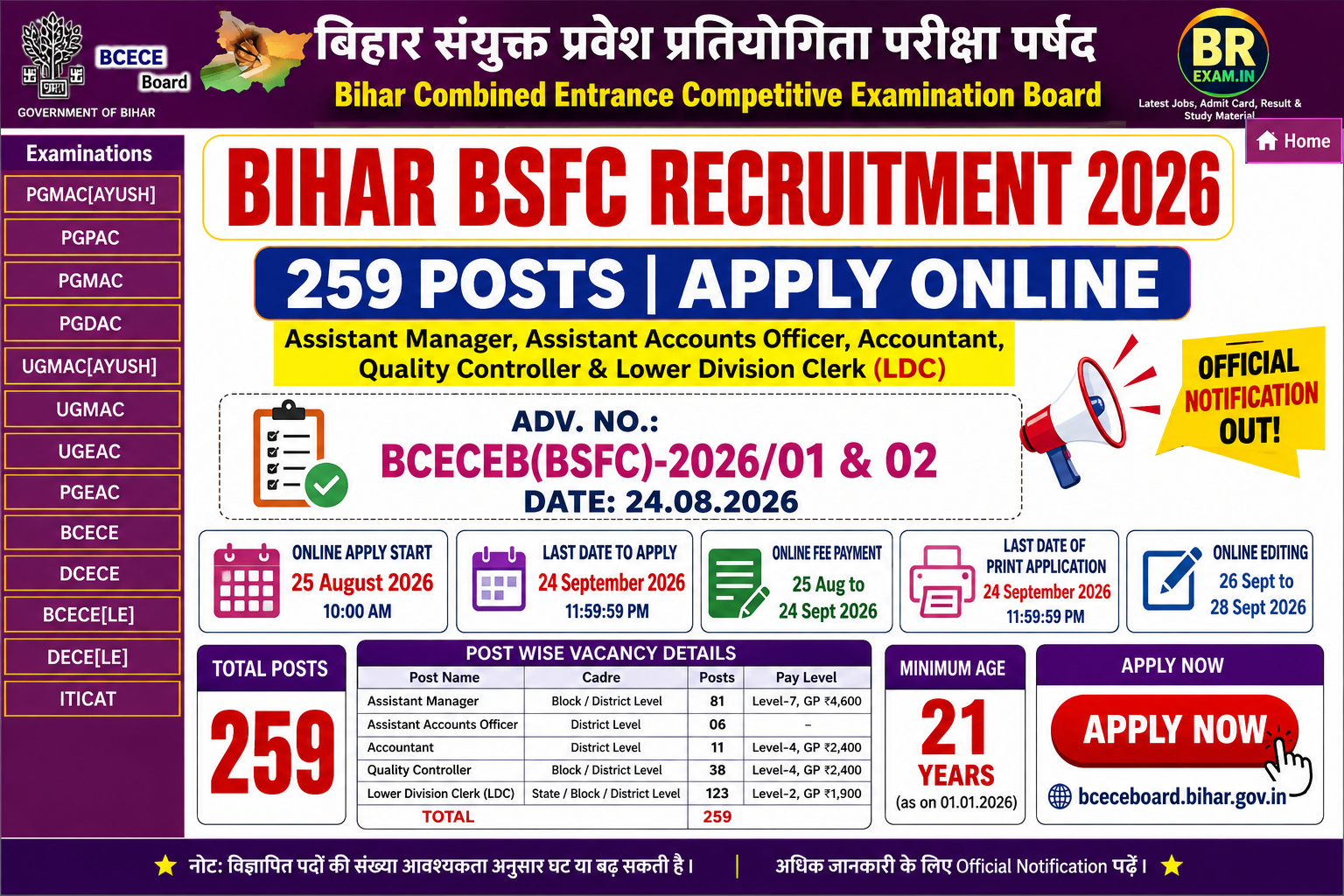 Bihar BSFC Recruitment 2026 – 259 Posts