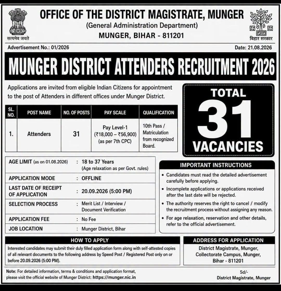 Munger Attendant Recruitment 2026 fake viral notice and DM Munger official alert