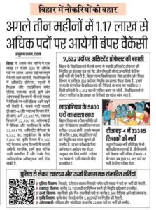 Bihar newspaper cutting showing 1.17 lakh plus upcoming vacancies and 32700 health department posts