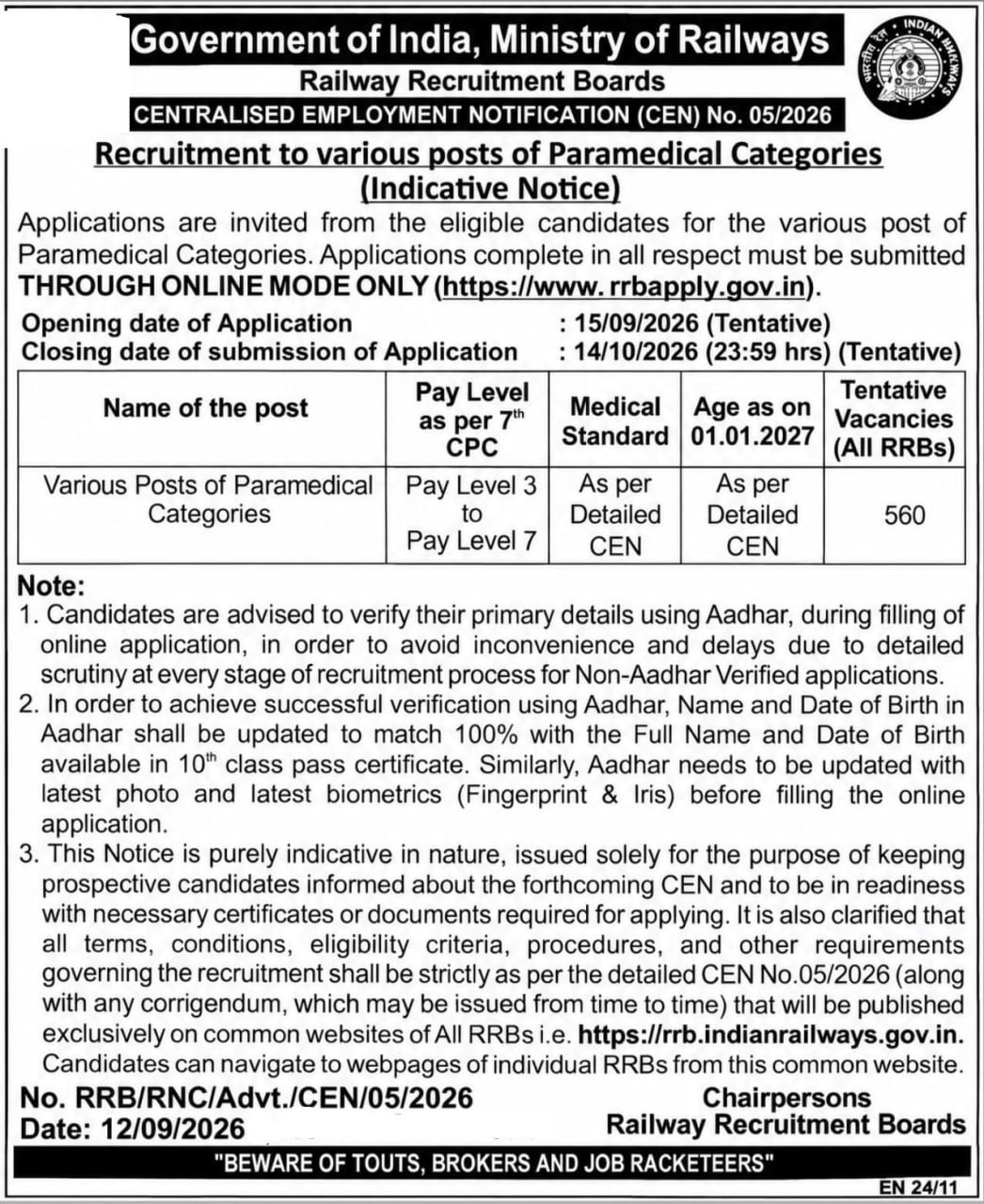 RRB Paramedical Vacancy 2026